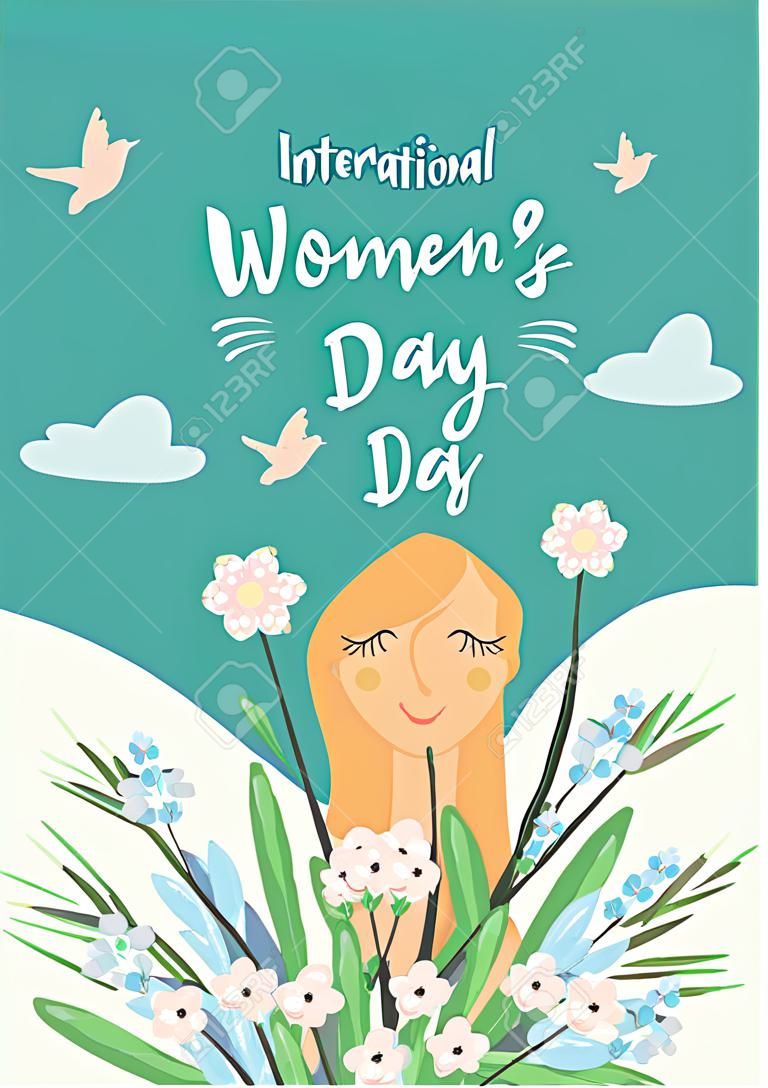 International Women s Day. Vector template with cute woman and flowers