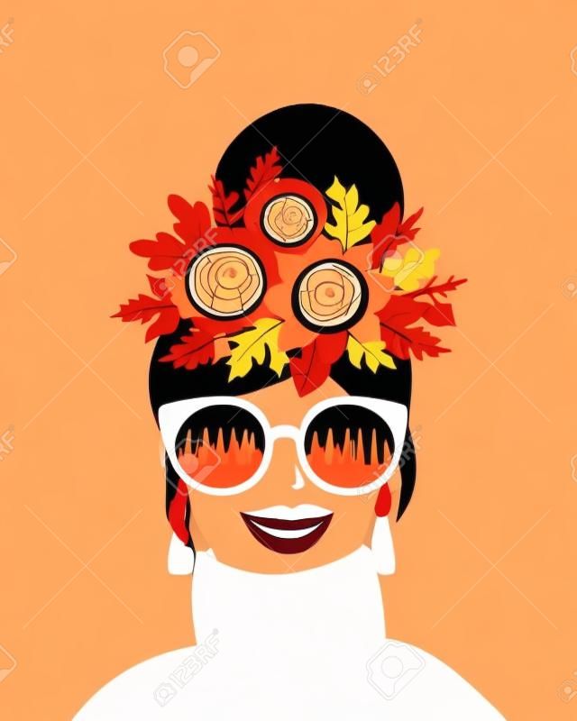 かわいい女性と秋のイラスト。カード、ポスター、チラシ、ウェブなどのベクター画像デザイン
