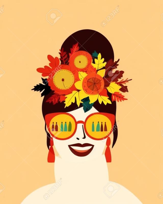 かわいい女性と秋のイラスト。カード、ポスター、チラシ、ウェブなどのベクター画像デザイン