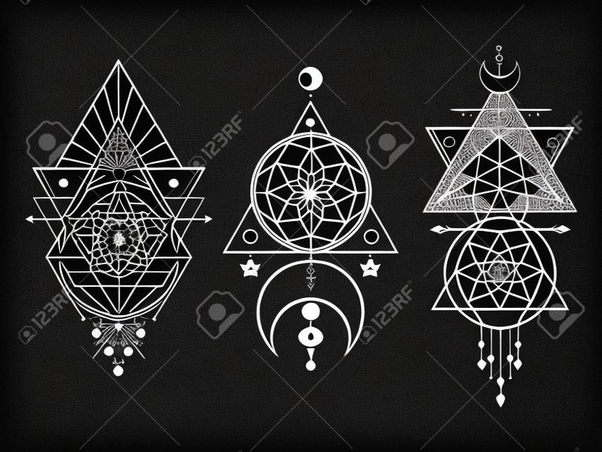 Vector set of Sacred geometric symbols with moon, eye, arrows, dreamcatcher and figures on black background. White abstract mystic signs collection drawn in lines. For you design: tattoo, print, posters, t-shirts, textiles and magic craft.
