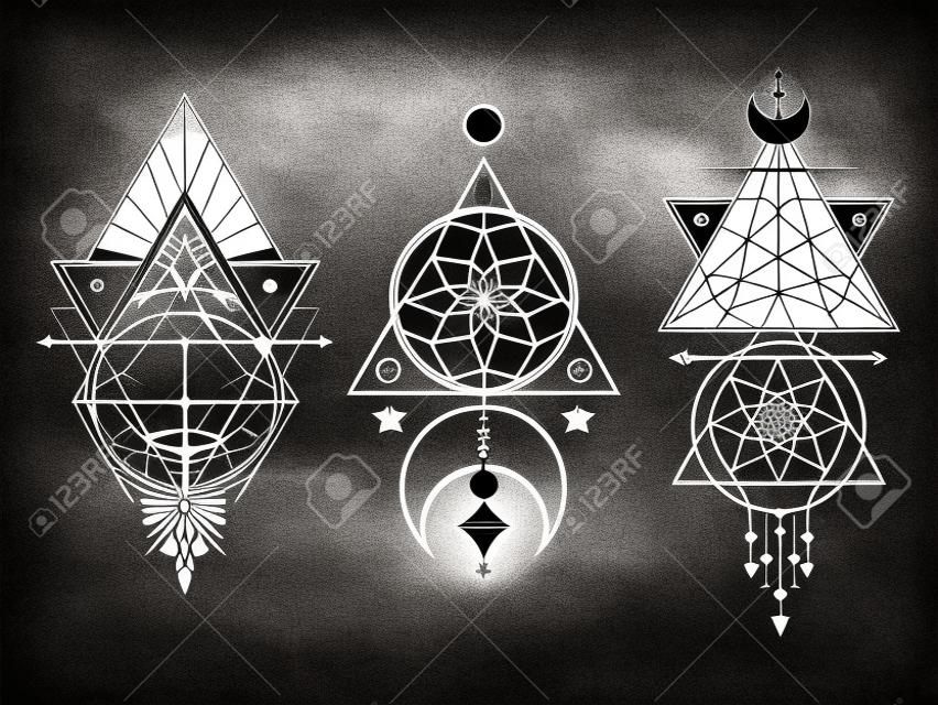 Vector set of Sacred geometric symbols with moon, eye, arrows, dreamcatcher and figures on black background. White abstract mystic signs collection drawn in lines. For you design: tattoo, print, posters, t-shirts, textiles and magic craft.