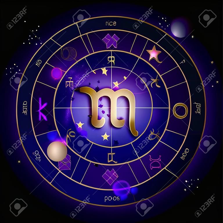 Vektorillustration von Zeichen und Konstellation SKORPIO und Horoskopkreis mit Astrologiepiktogrammen vor dem Weltraumhintergrund mit Planeten und Sternen. Heilige Symbole in den Farben Gold und Lila.