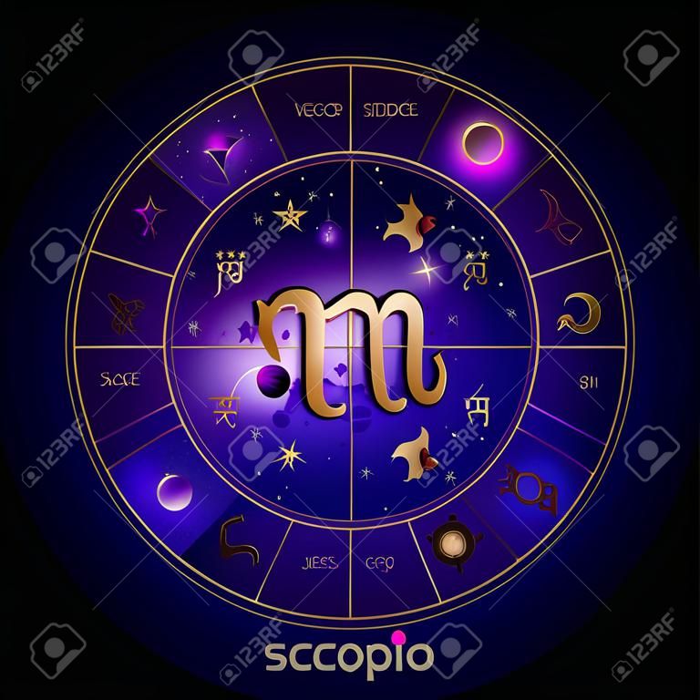 Illustrazione vettoriale del segno e della costellazione dello Scorpione e del cerchio di Oroscopo con pittogrammi di astrologia sullo sfondo dello spazio con pianeti e stelle. Simboli sacri nei colori oro e viola.