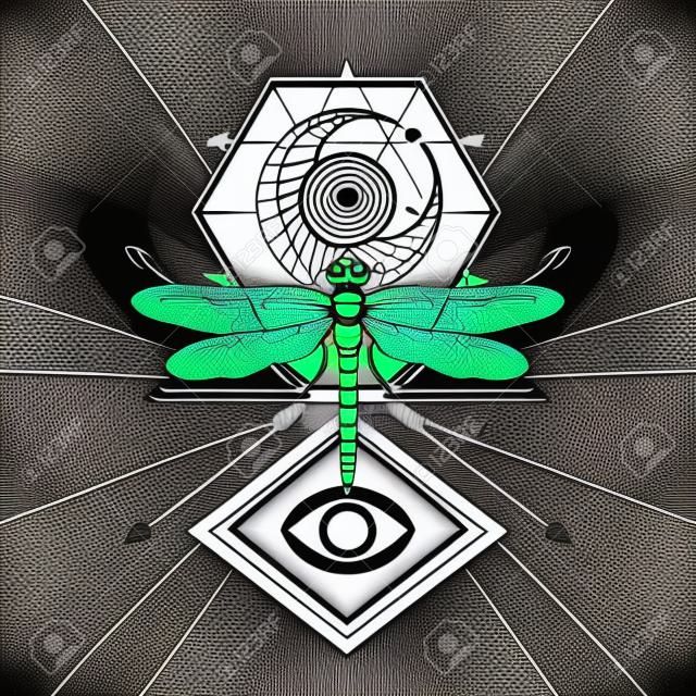 Ilustracja wektorowa z ręcznie rysowane Dragonfly i święty symbol na czarnym tle. Streszczenie mistyczny znak. Biały kształt liniowy. Dla Ciebie projekt, tatuaż lub magiczne rzemiosło.