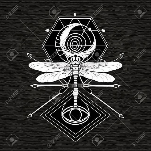 Ilustração vetorial com mão desenhada Dragonfly e símbolo sagrado no fundo preto. Sinal místico abstrato. Forma linear branca. Para você projetar, tatuagem ou artesanato mágico.