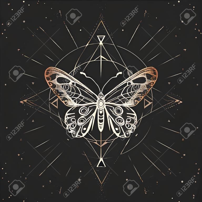 黒ヴィンテージ背景に手描きの蝶と神聖な幾何学模様のベクトルイラスト。抽象的な神秘的なサイン。ゴールドの直線形状。あなたのデザインや魔法の工芸品のために。
