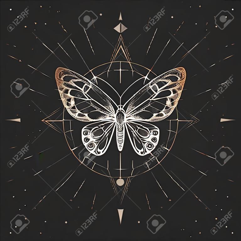 黒ヴィンテージ背景に手描きの蝶と神聖な幾何学模様のベクトルイラスト。抽象的な神秘的なサイン。ゴールドの直線形状。あなたのデザインや魔法の工芸品のために。