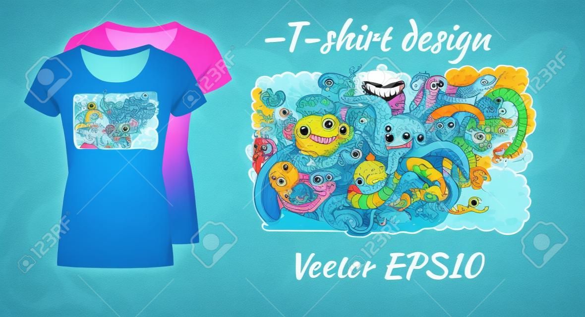 재미있는 미친 바다 생물들의 낙서가있는 티셔츠 디자인