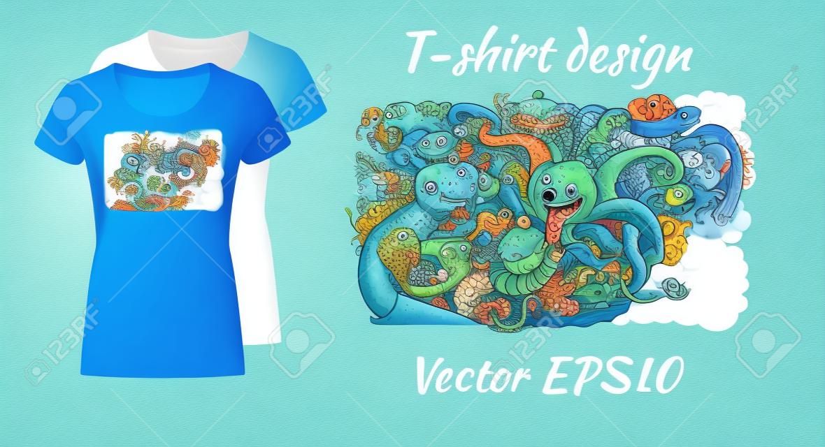 재미있는 미친 바다 생물들의 낙서가있는 티셔츠 디자인