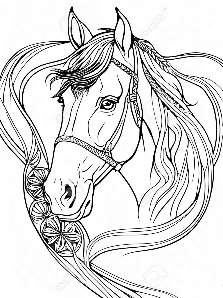 Portret konia ozdobiony pasami i piórami. Kolorowanka.