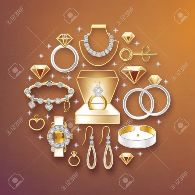 珠寶店，鑽石配件橫幅插圖。珠寶的矢量線圖標 - 金手錶，訂婚戒指，寶石耳環，銀項鍊，魅力，輝煌。時尚店圈模板。