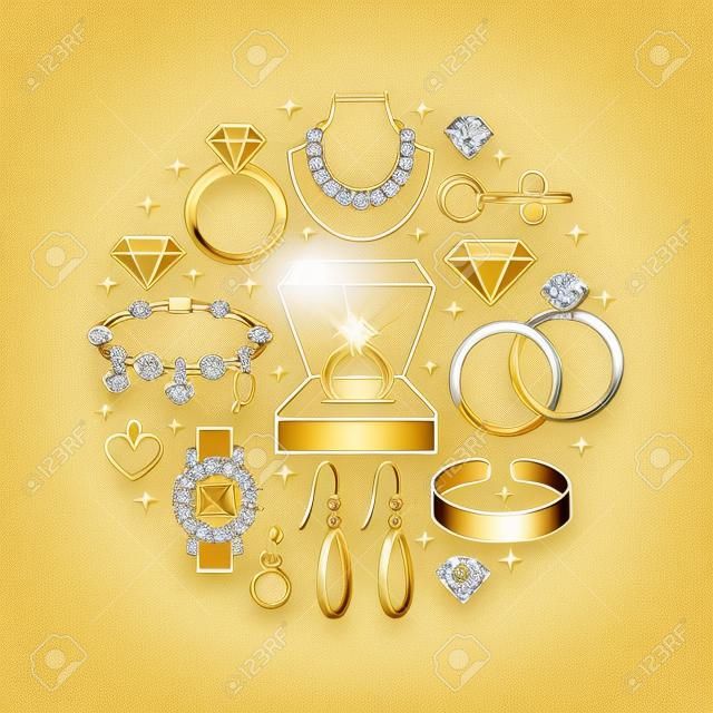 Sklep biżuteria, akcesoria diamentowe banner ilustracji. Ikona line line z klejnotów - złote zegarki, pierścionki zaręczynowe, kolczyki z kamieni szlachetnych, srebrne naszyjniki, wdzięki, brylanty. Szablon sklepu mody sklepu.