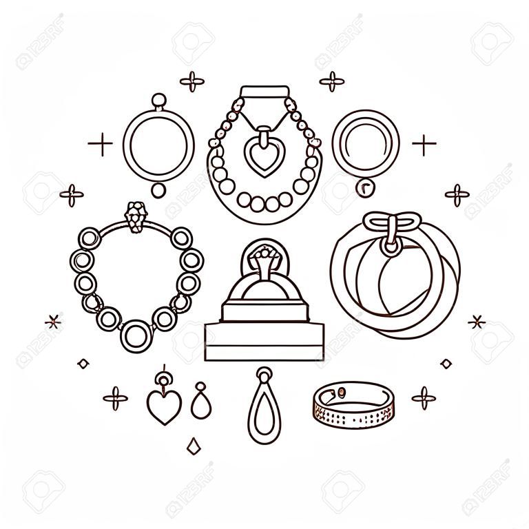 珠寶店，鑽石配件橫幅插圖。珠寶的矢量線圖標 - 金手錶，訂婚戒指，寶石耳環，銀項鍊，魅力，輝煌。時尚店圈模板。