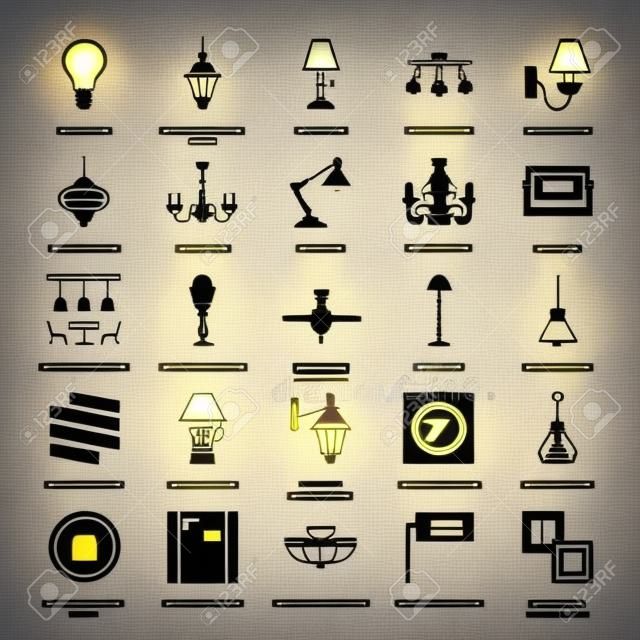 灯具，灯扁线图标。家用和户外照明设备-枝形吊灯，壁挂壁灯，台灯，灯泡，电源插座。矢量图，标志为电，内部存储。
