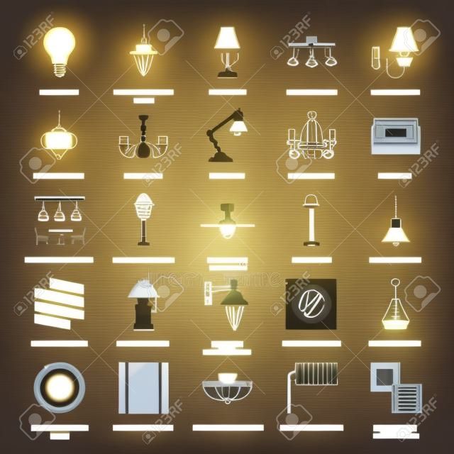 照明器具、ランプはフラット ライン アイコンです。家庭や屋外の照明器具 - シャンデリア、壁壁取り付け用燭台、電気スタンド、電球、電源ソケット。ベクトル図、電気、インテリア店の標識。