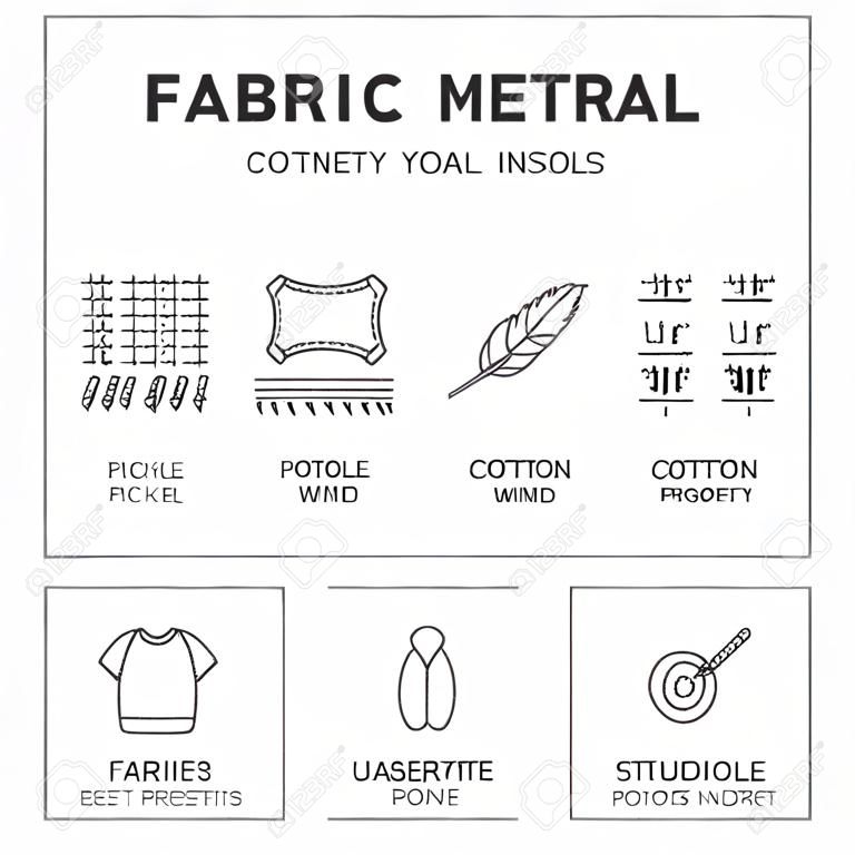 織物特徵，衣服材料矢量扁線圖標。服裝屬性符號。棉絨，防水，防風，防紫外線。佩戴標籤，紡織工業象形圖。像素完美的64x64。