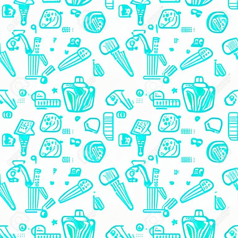 Dentist, orthodontics seamless pattern with line icons. Dental care, medical equipment, braces, tooth prosthesis, floss, caries treatment, toothpaste. Health care blue background for dentistry clinic.