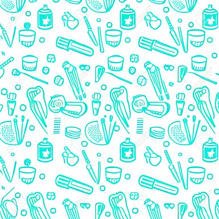 Dentist, orthodontics seamless pattern with line icons. Dental care, medical equipment, braces, tooth prosthesis, floss, caries treatment, toothpaste. Health care blue background for dentistry clinic.