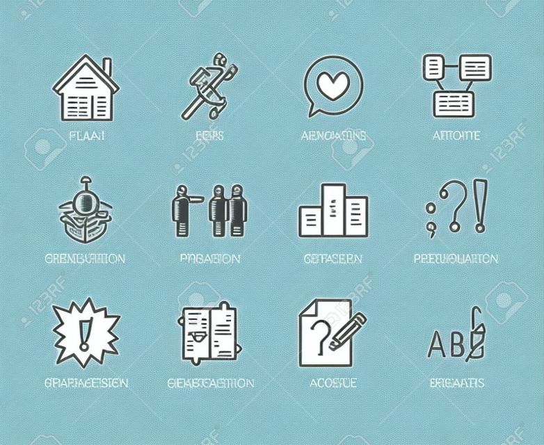 Grammar, education flat line icons set. Parts of speech verb, preposition, pronoun, adjective, interjection vector illustrations. Thin signs for english learning. Pixel perfect 64x64 Editable Strokes.
