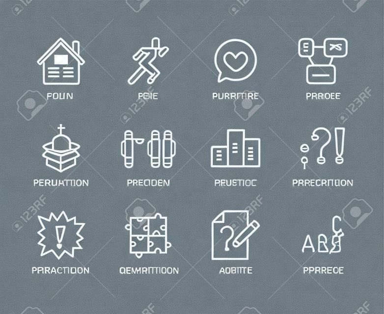 Grammar, education flat line icons set. Parts of speech verb, preposition, pronoun, adjective, interjection vector illustrations. Thin signs for english learning. Pixel perfect 64x64 Editable Strokes.