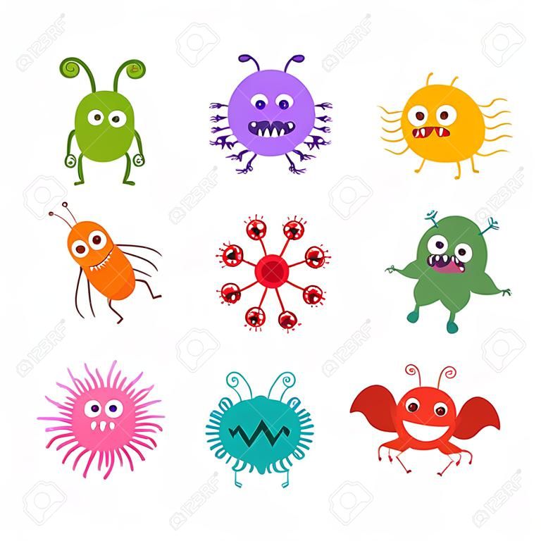漫画ウイルス文字ベクトル イラスト。かわいいフライ細菌ウイルス感染ベクトル。