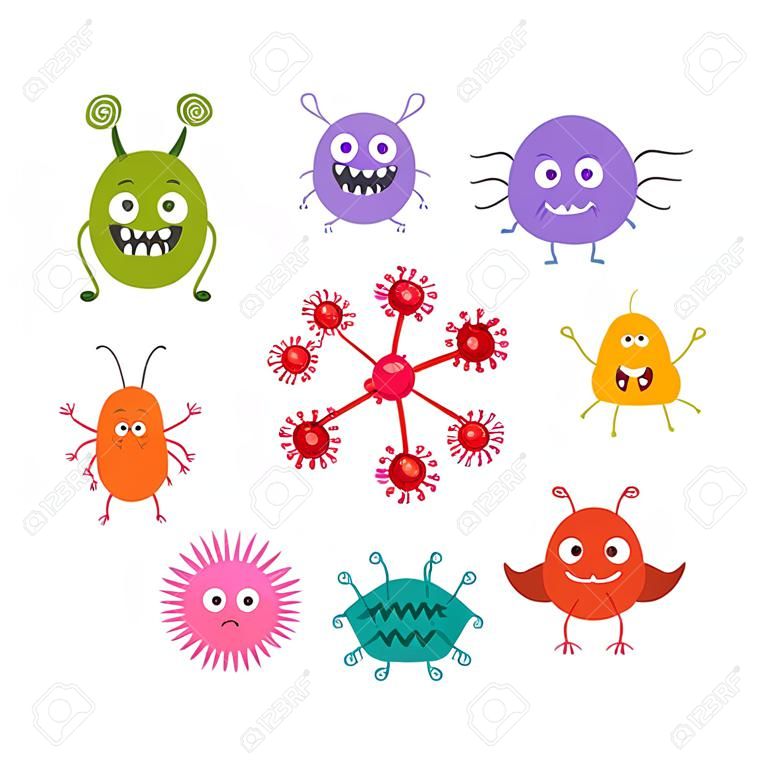만화 바이러스 문자 벡터 일러스트 레이 션. 귀여운 비행 세균 바이러스 감염 벡터입니다.