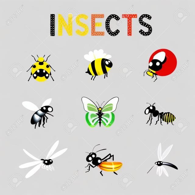 Vicces rovarok, aranyos rajzfilm bugs vektor készlet. Színes rovarok méh lepke és katicabogár,