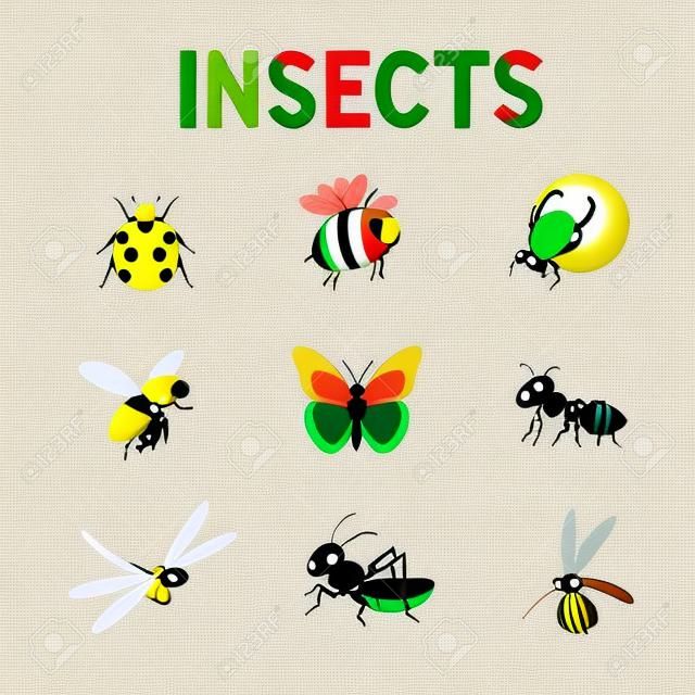 Vicces rovarok, aranyos rajzfilm bugs vektor készlet. Színes rovarok méh lepke és katicabogár,
