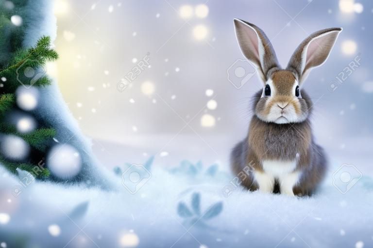 konijn in het winterwoud Kerstmis achtergrond kleur kunst