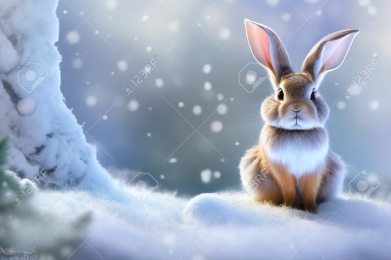 konijn in het winterwoud Kerstmis achtergrond kleur kunst