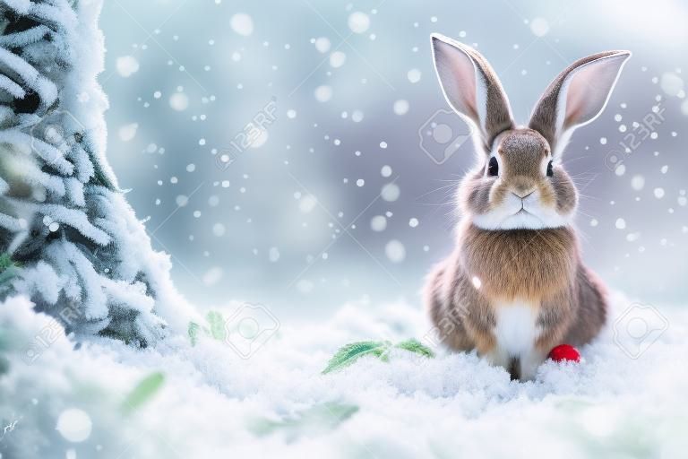 rabbit in the winter forest christmas background color art