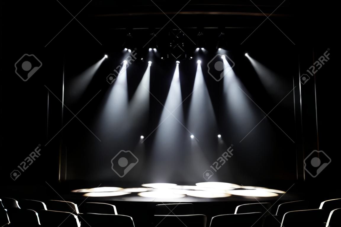 Free stage with lights, background of empty stage, spotlight, neon light, smoke.