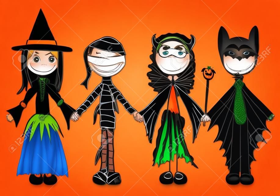Kids holding hands in Halloween costumes 