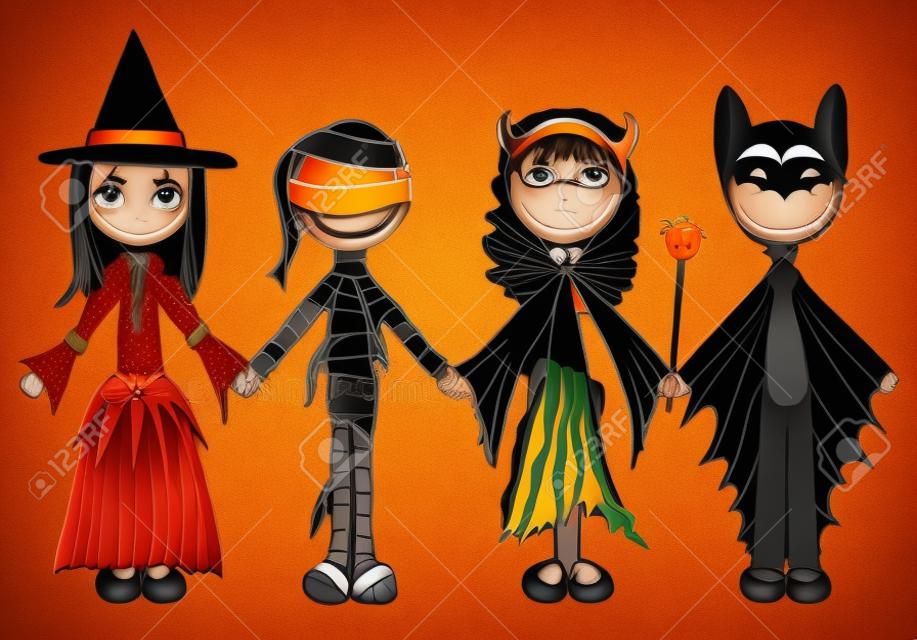 Crianças segurando as mãos em trajes de Halloween