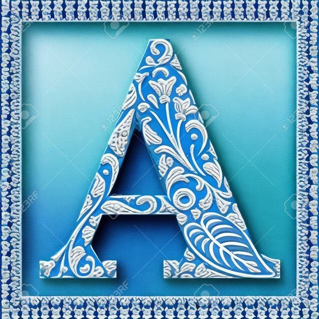 Blue floral capital letter A in frame made of Portuguese tiles