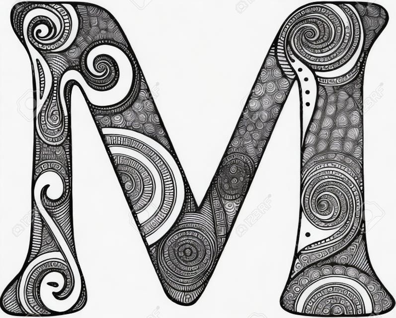 Hand drawn capital letter M in black - coloring sheet for adults
