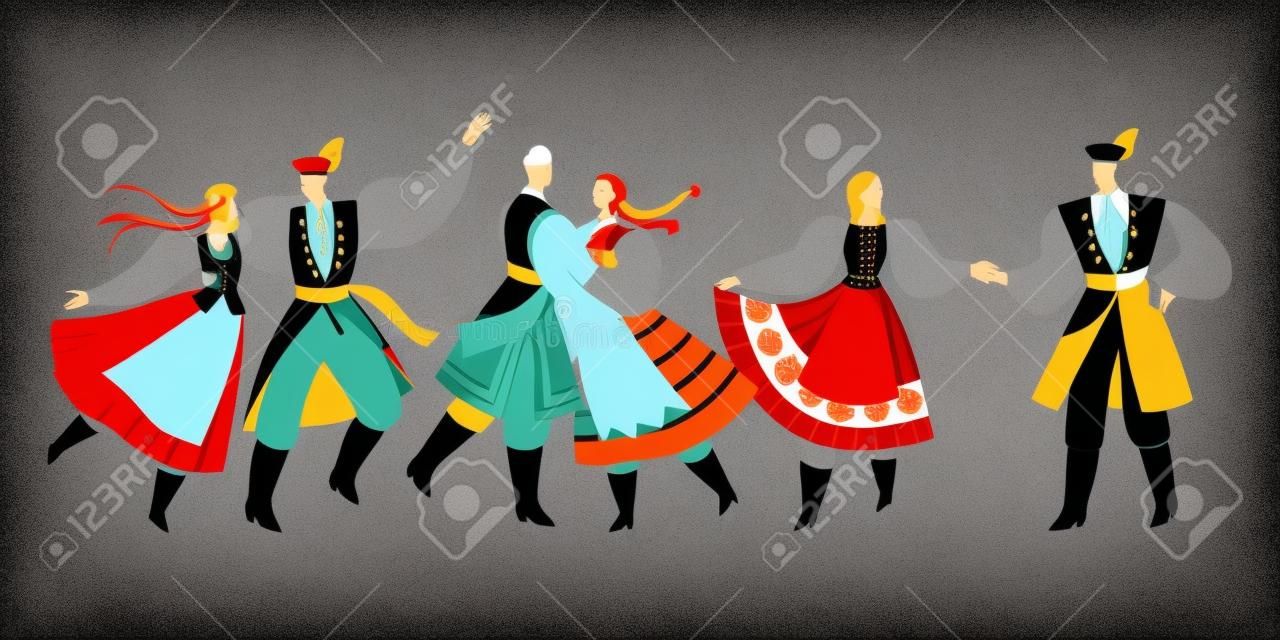 Set of vector illustrations of men and women dancing traditional polish dances. Couples in folk costumes in flat style