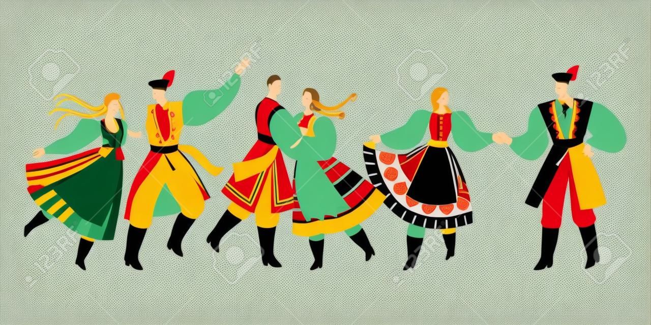 Set of vector illustrations of men and women dancing traditional polish dances. Couples in folk costumes in flat style