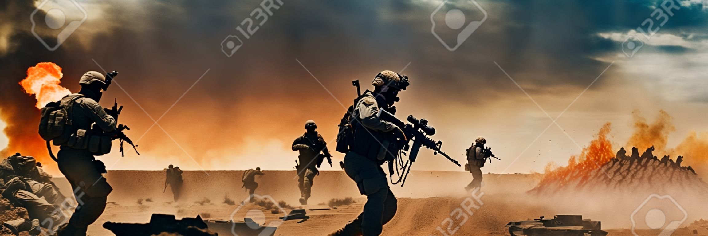 Forces spéciales dans une zone de guerre soldats des forces spéciales militaires traversant une zone de guerre détruite à travers le feu et la fumée dans le désert avec espace de copie