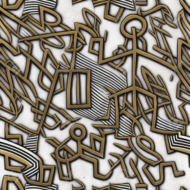 Textured 3d seamless pattern. Tribal rough embossed background. Dirty grunge backdrop. Doodle greek symbols, zigzag lines, scratches. Ancient people art style abstract ornaments with embossing effect.