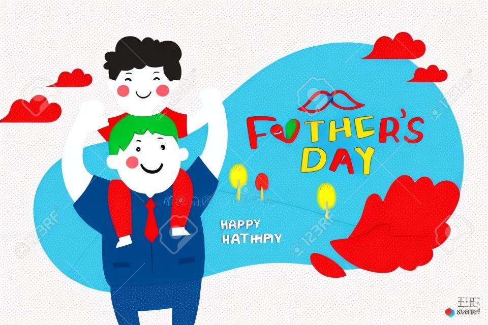 Vector illustration of joyous celebration of Happy Father's Day-hand drawn lettering phrase. Super father and child happy together.