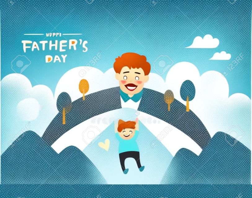 Vector illustratie van vreugdevolle viering van Happy Father's Day-hand getekende zin. Super vader en kind gelukkig samen.