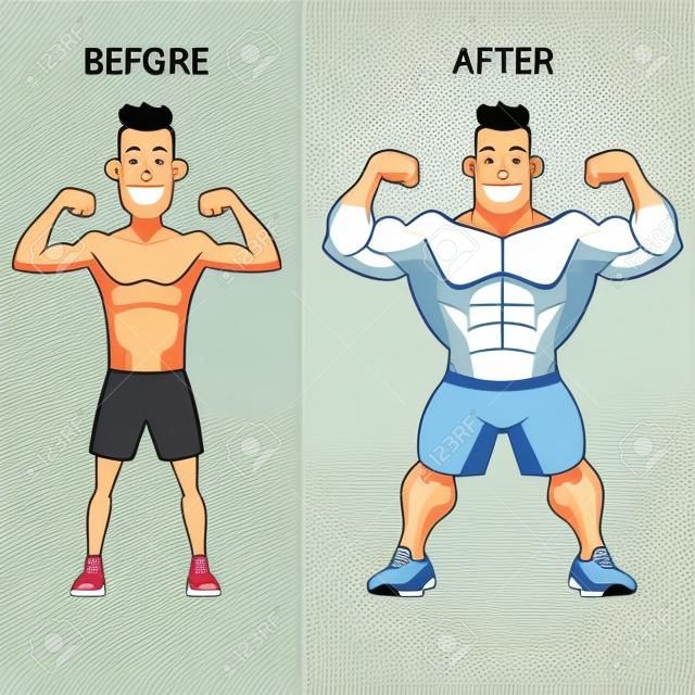 Gewichtsaanwinst. De mens voor en na de oefening vector illustratie. De mens gewichtstoename, gespierde man, mager kerel