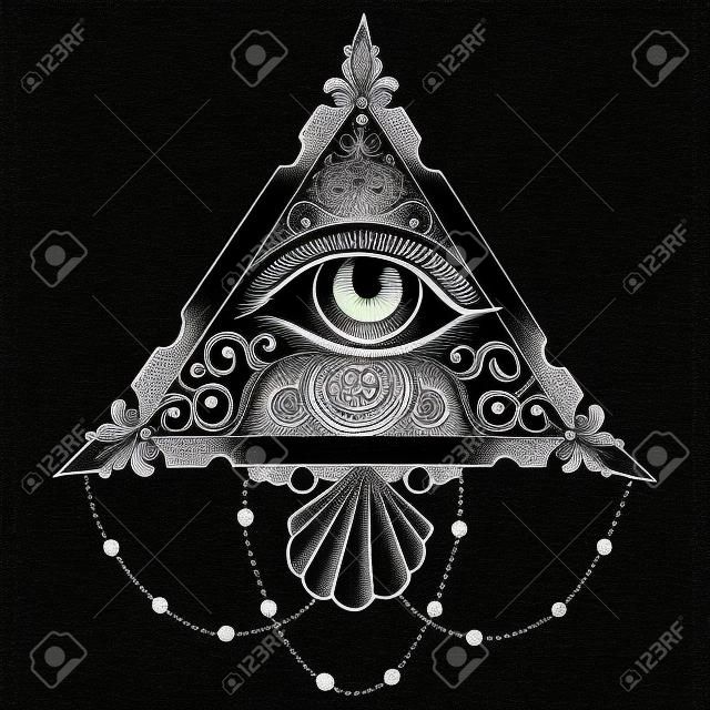 Göz Piramit Siyah Ezoterik Tasarım İllüstrasyon Siyah