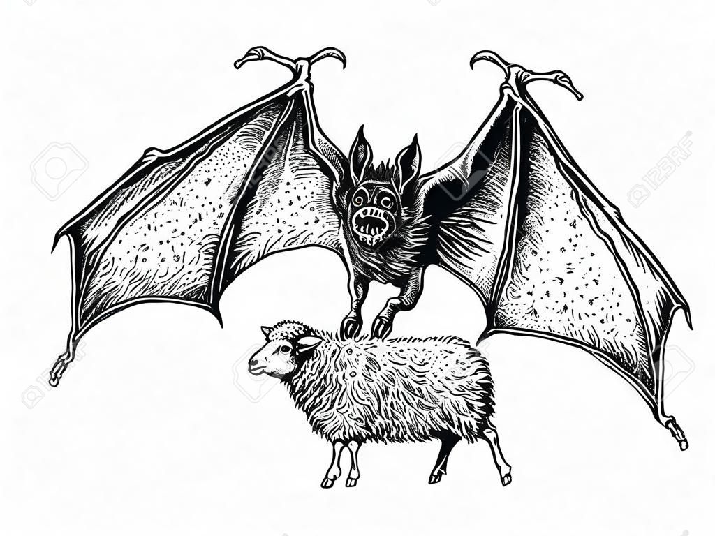 Fliegende riesige Vampirfledermaus fing ein Schaf. Handgezeichnete Vintage Gravur Stil Vektor-Illustration schwarz auf weißem Hintergrund. Aufkleber, Poster, T-Shirt-Druck, Tattoo-Design, Malvorlagen für Erwachsene.