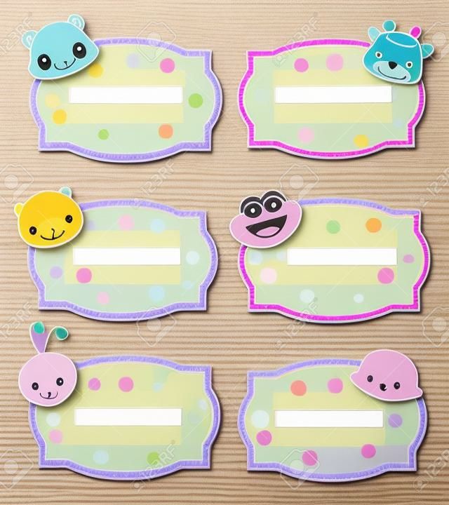 Colorful kids name tags with cute animal faces on corners