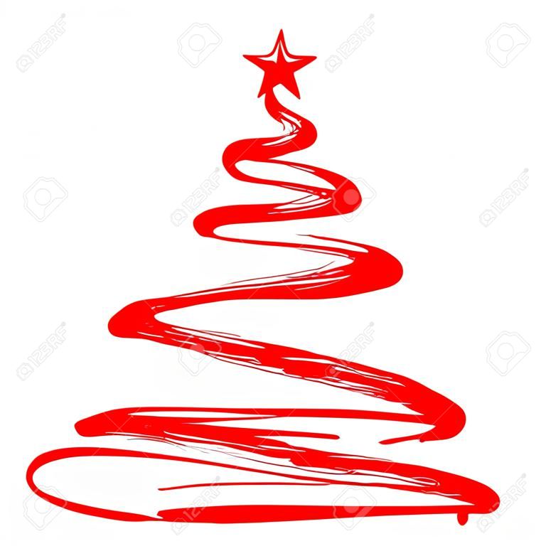 Red Christmas Tree silhouette. Hand drawn / painted artistic illustration of a x mas tree isolated on white background