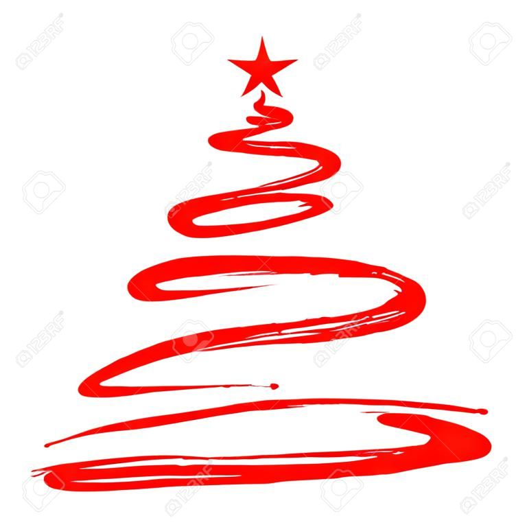 Red Christmas Tree silhouette. Hand drawn / painted artistic illustration of a x mas tree isolated on white background