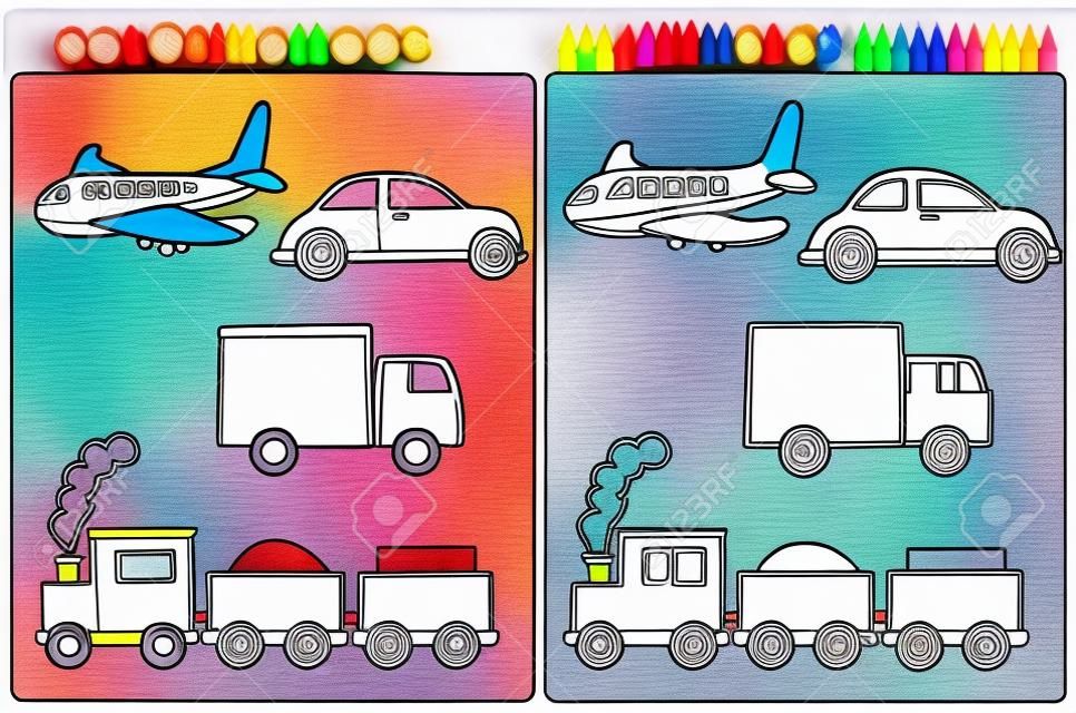 Coloring book page for pre school childern with colorful vehicles /toys and sketches to color