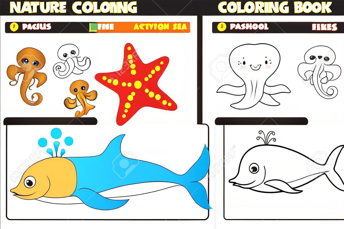 Natura coloring book foglio pagina / attività per i bambini in età prescolare con animali marini colorati